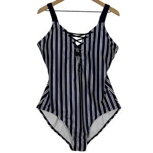 Nautica Swimsuit NWT Womens Size 2X Navy Blue White Striped Lace Up One Piece